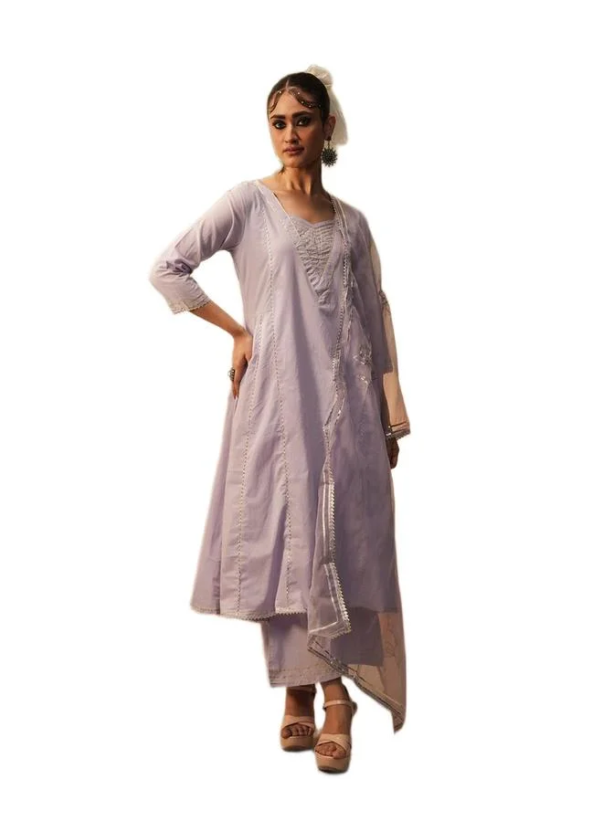 ISHIN Women's Lilac Cotton Printed Tunic Upper Calf Length Palazzo Bottom Regular Fit 3 Peice Kurta Set