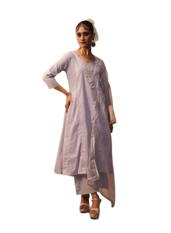 ISHIN Women's Lilac Cotton Printed Tunic Upper Calf Length Palazzo Bottom Regular Fit 3 Peice Kurta Set - Image 3