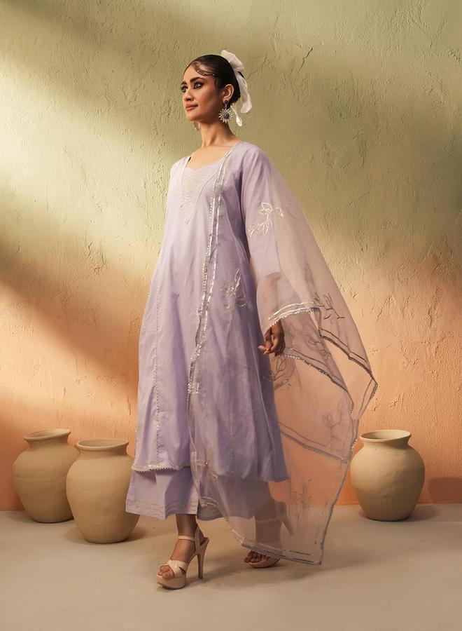 ISHIN Women's Lilac Cotton Printed Tunic Upper Calf Length Palazzo Bottom Regular Fit 3 Peice Kurta Set - Image 1