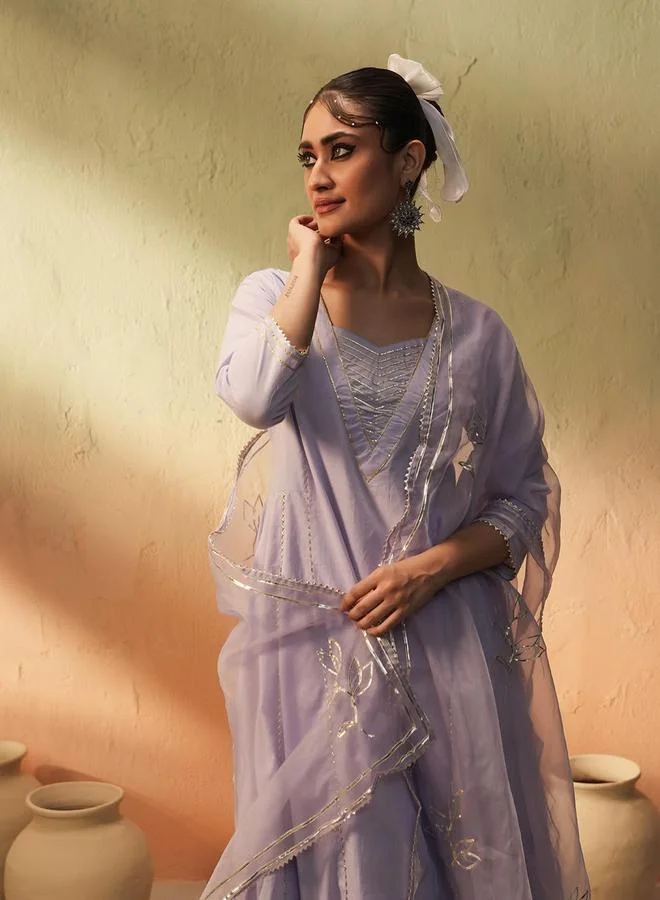 ISHIN Women's Lilac Cotton Printed Tunic Upper Calf Length Palazzo Bottom Regular Fit 3 Peice Kurta Set