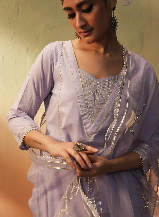 ISHIN Women's Lilac Cotton Printed Tunic Upper Calf Length Palazzo Bottom Regular Fit 3 Peice Kurta Set
