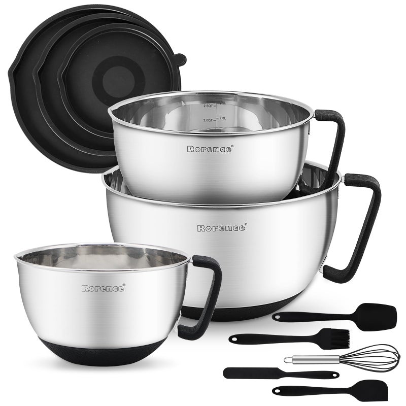 Rorence Stainless Steel Mixing Bowls Metal Mixing Bowl Set with Lids and Handles Nonslip Silicone Bottom Nesting Bowls for Kitchen Set of 3 Black