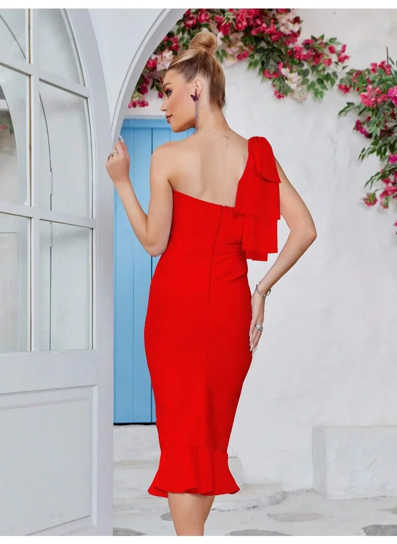 مدام يونيك Women's Red One Shoulder Bodycon Midi Dress Graduation Birthday Dinner Bandage Party Dress