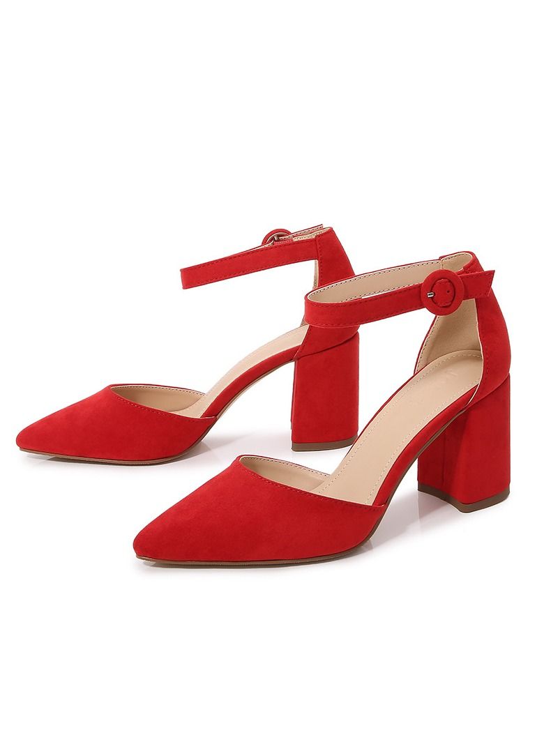 Loquat Pointed Toe Low Chunky Heels Pump Shoes Red  - Image 1