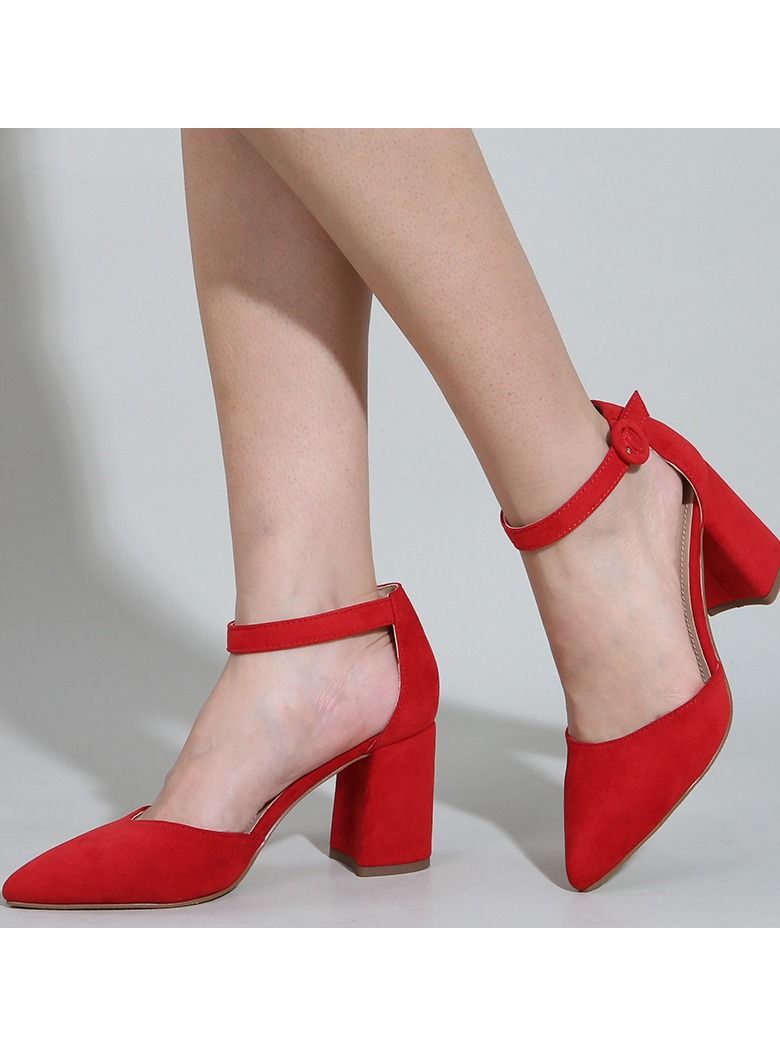 Loquat Pointed Toe Low Chunky Heels Pump Shoes Red  - Image 3