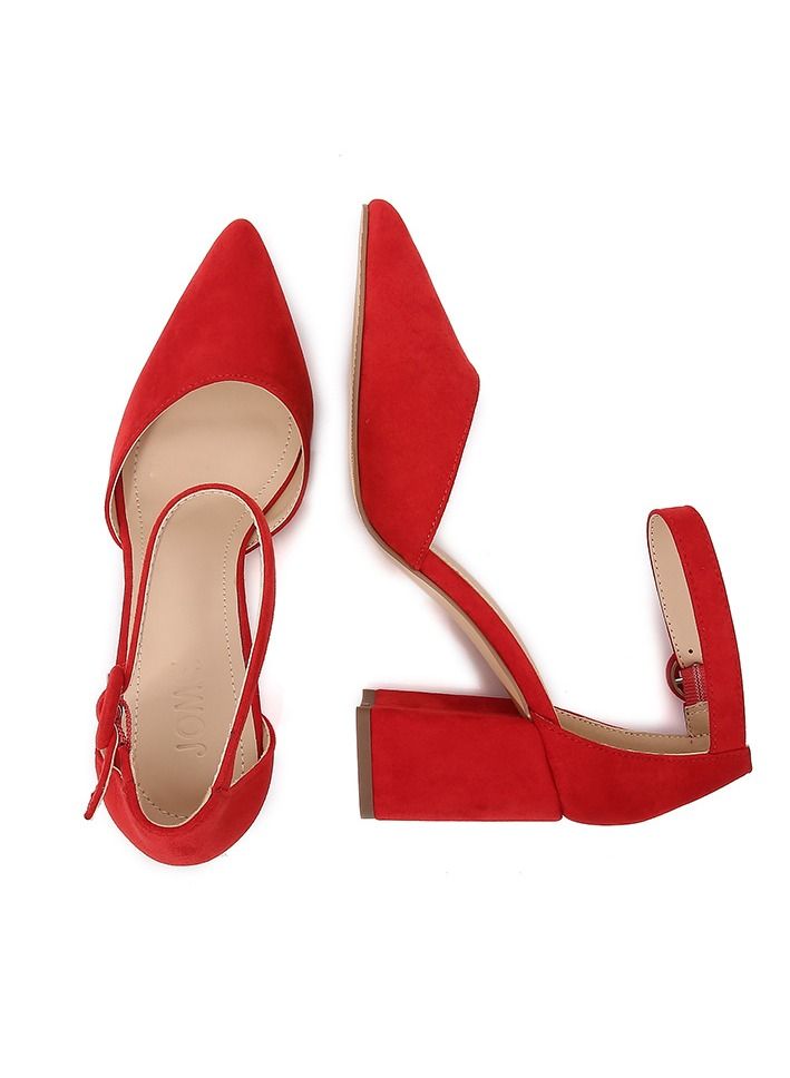 Loquat Pointed Toe Low Chunky Heels Pump Shoes Red  - Image 2
