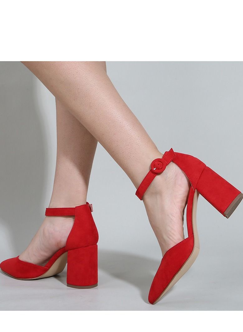 Loquat Pointed Toe Low Chunky Heels Pump Shoes Red  - Image 4