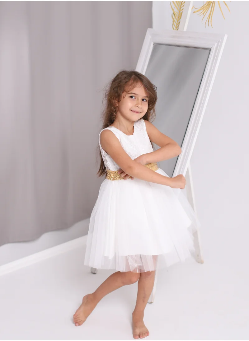 دىدانيالا BEADED FLORAL LACE BOW FLOWER GIRL White DRESS