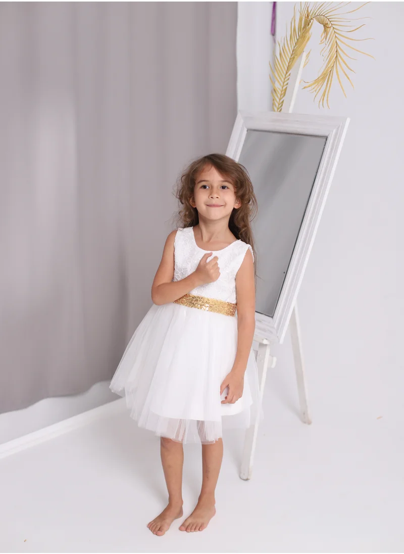 دىدانيالا BEADED FLORAL LACE BOW FLOWER GIRL White DRESS