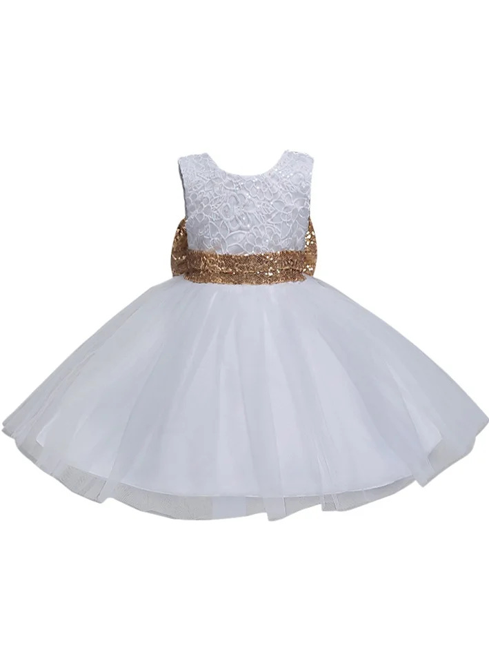 دىدانيالا BEADED FLORAL LACE BOW FLOWER GIRL White DRESS