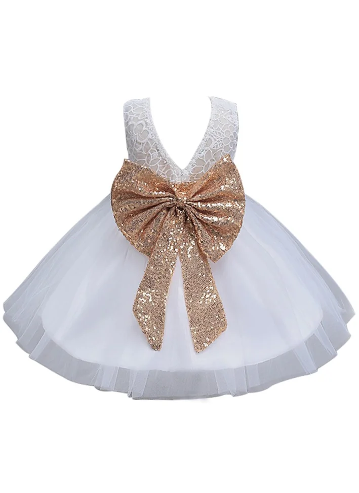 دىدانيالا BEADED FLORAL LACE BOW FLOWER GIRL White DRESS