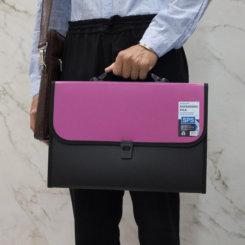 sps Presents Plastic File Folder F/C Expanding Bag with Handle 5555 (Pink, Black) - Image 4