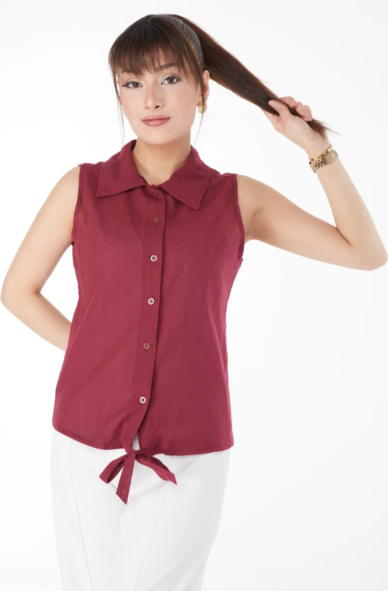 Tofisa Plain Shirt Collar Women Burgundy Waist Tie Short Shirt - 13155