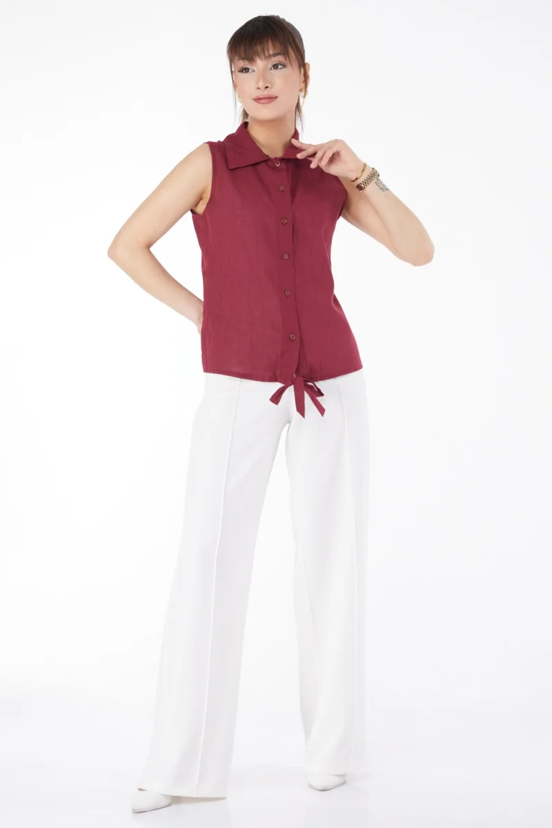 Tofisa Plain Shirt Collar Women Burgundy Waist Tie Short Shirt - 13155