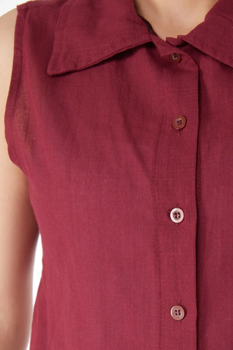 Tofisa Plain Shirt Collar Women Burgundy Waist Tie Short Shirt - 13155