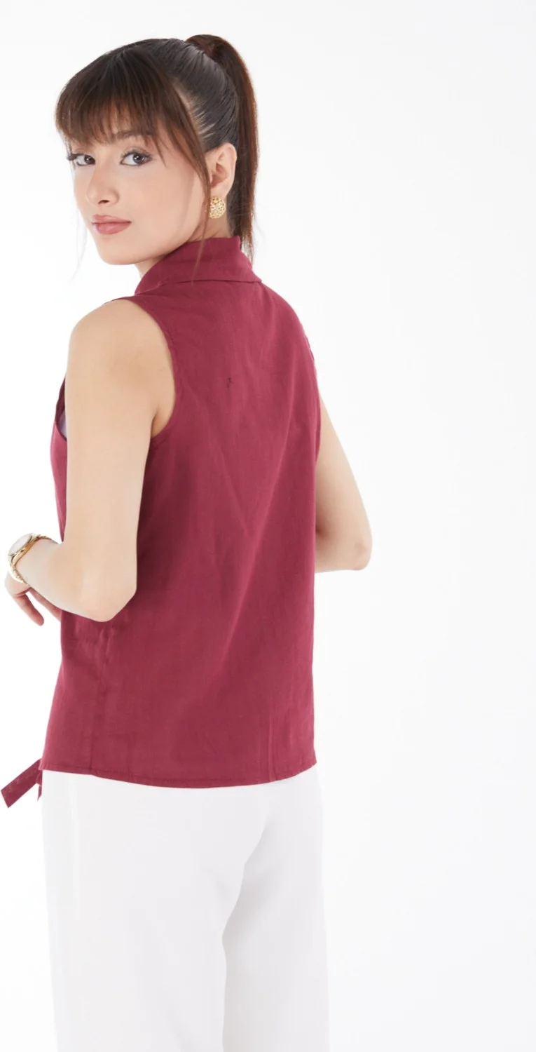 Tofisa Plain Shirt Collar Women Burgundy Waist Tie Short Shirt - 13155