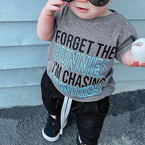 Gureui Toddler Baby Boy Easter Outfit 18-24 Months Forget the Bunnies I'm Chasing Hunnies Crewneck Short Sleeve T-Shirt Top Pants Summer Clothes - Image 2