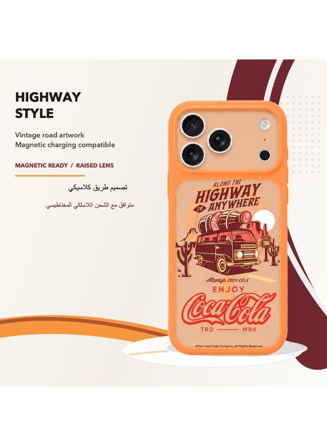 Coca-Cola iPhone 17 Pro Magnetic Phone Case, Slim Protective Cover with Highway Adventure Artwork, Raised Camera Protection, Matte TPU, Orange - Image 1