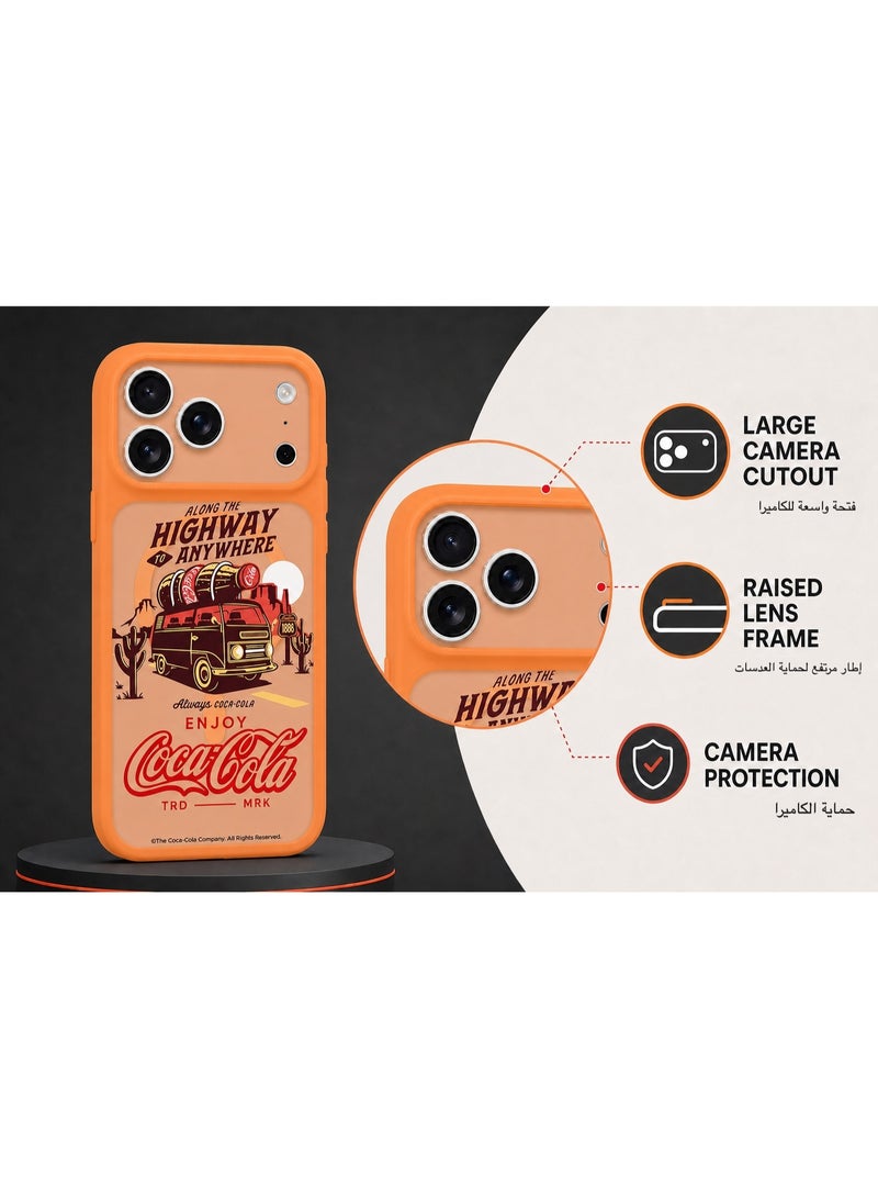 Coca-Cola iPhone 17 Pro Magnetic Phone Case, Slim Protective Cover with Highway Adventure Artwork, Raised Camera Protection, Matte TPU, Orange - Image 3