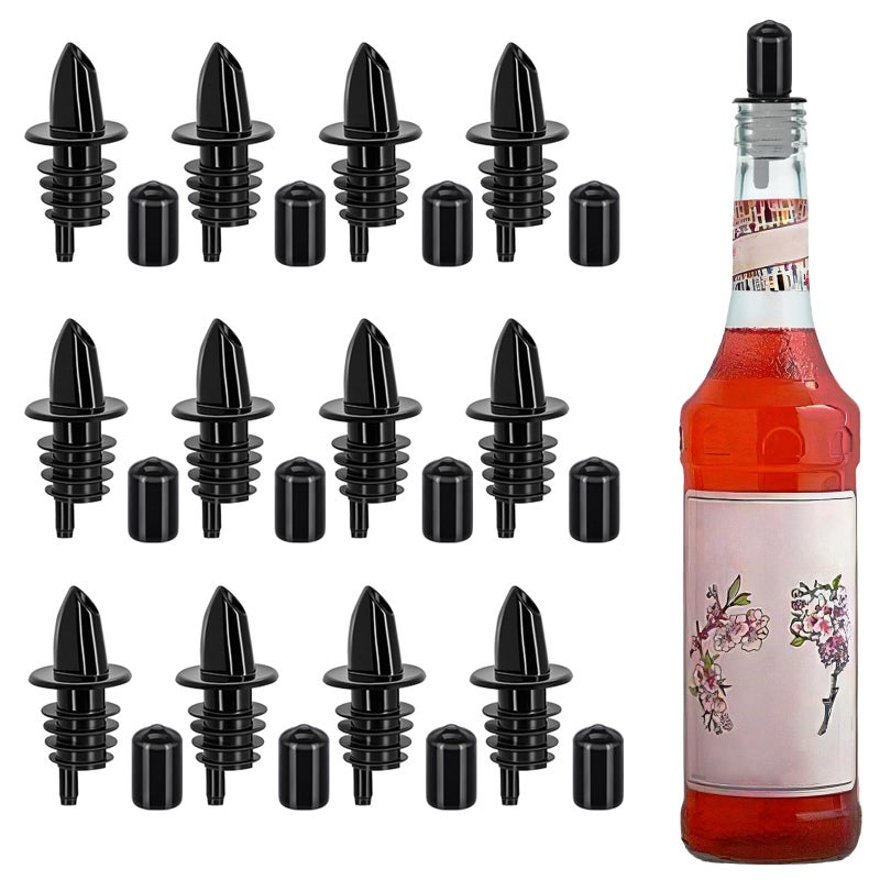 12 PCS Bottle Pourers And 12 PCS rubber pourers dust cap covers Syrup Pourer Pour Spouts Plastic Liquor Bottle Pourers with Rubber Pourers Dust Cap Covers Bottle Pourers black