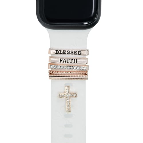 ESWEUOOM Women Watch Band Charms for Apple Watch 38mm 40mm 41mm 42mm 44mm 45mm 49mm , Men Rose Gold Metal Slide Decorative Rings Loops For iWatch series 8 7 6 5 4 3 2 se,For Samsung Galaxy watch 5/4, Smart Watchband Charms Accessories (rose gold bless) - Image 1