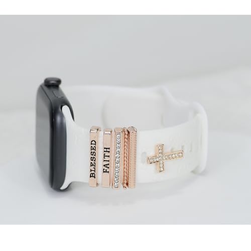 ESWEUOOM Women Watch Band Charms for Apple Watch 38mm 40mm 41mm 42mm 44mm 45mm 49mm , Men Rose Gold Metal Slide Decorative Rings Loops For iWatch series 8 7 6 5 4 3 2 se,For Samsung Galaxy watch 5/4, Smart Watchband Charms Accessories (rose gold bless) - Image 2