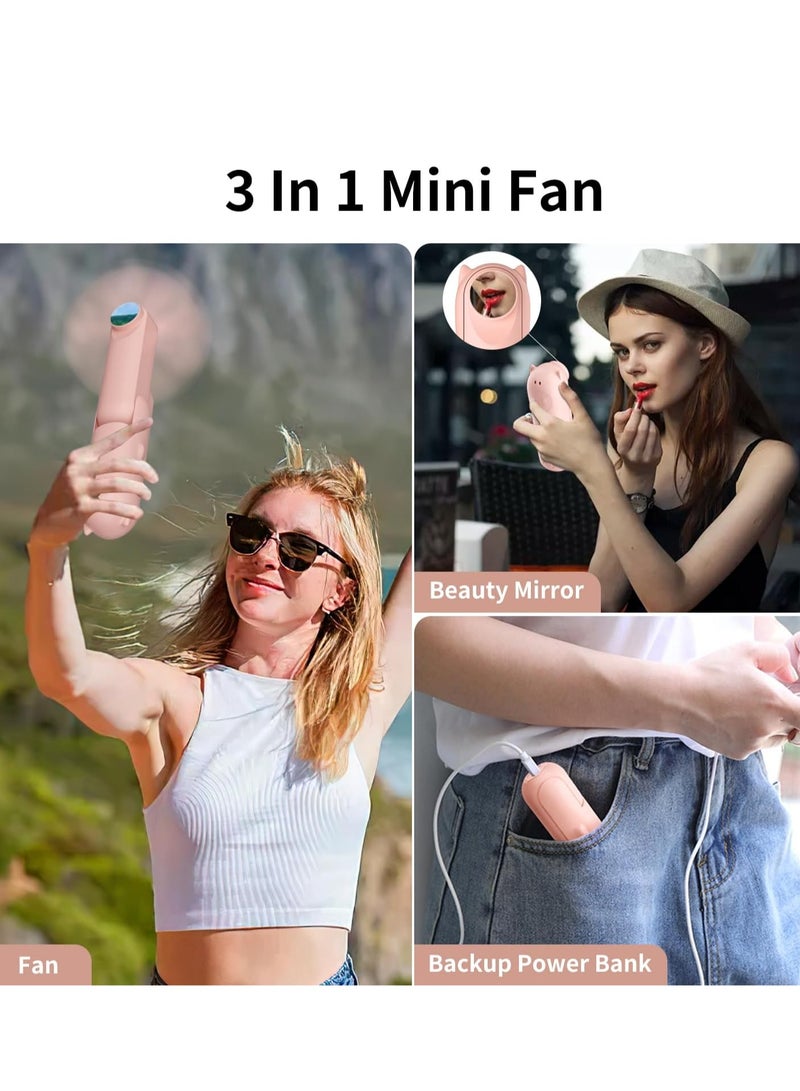 general 𝟑 𝐈𝐧 𝟏 Mini Handheld Fan, Pocket Fan Rechargeable, 3 Speeds Travel Fan Foldable Personal Fan with Power Bank, Mirror, Small Pocket Fan Travel Essentials for Women（Pink） - Image 2