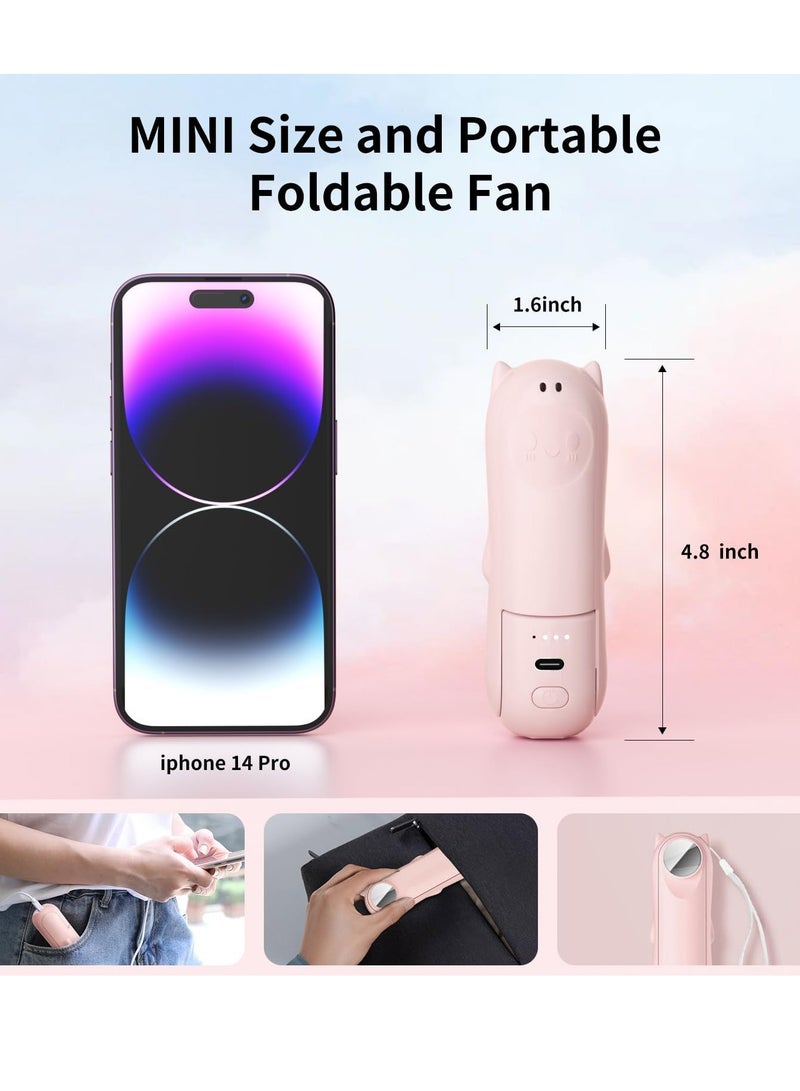 general 𝟑 𝐈𝐧 𝟏 Mini Handheld Fan, Pocket Fan Rechargeable, 3 Speeds Travel Fan Foldable Personal Fan with Power Bank, Mirror, Small Pocket Fan Travel Essentials for Women（Pink） - Image 4