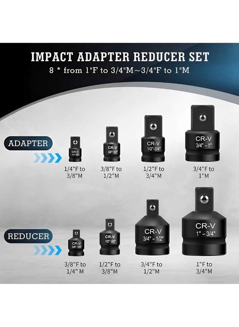 8-Piece Impact Socket Adapter And Reducer Set, Cr-Mo Steel Square Drive Converter 1/4 3/8 1/2 3/4 1 Inch, Heavy Duty Socket Adapter Kit With Storage Case For Ratchet, Breaker Bar, Torque Wrench And Impact Driver - Image 2