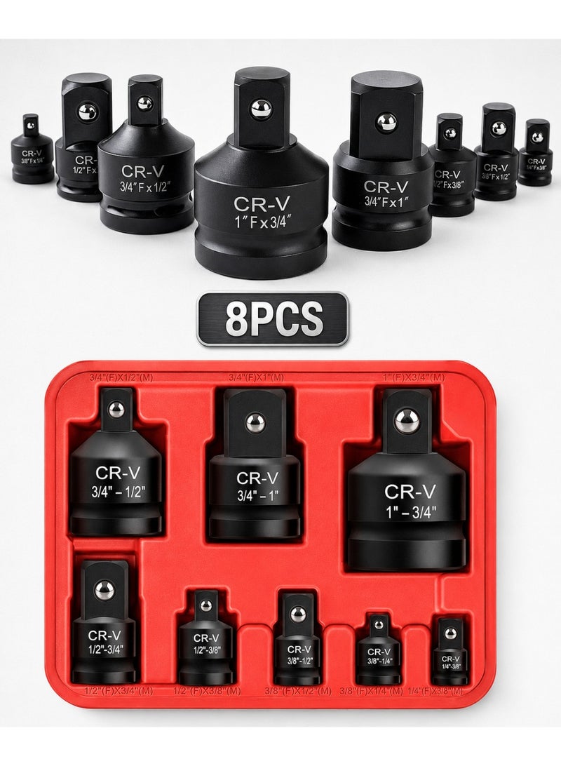 8-Piece Impact Socket Adapter And Reducer Set, Cr-Mo Steel Square Drive Converter 1/4 3/8 1/2 3/4 1 Inch, Heavy Duty Socket Adapter Kit With Storage Case For Ratchet, Breaker Bar, Torque Wrench And Impact Driver - Image 1