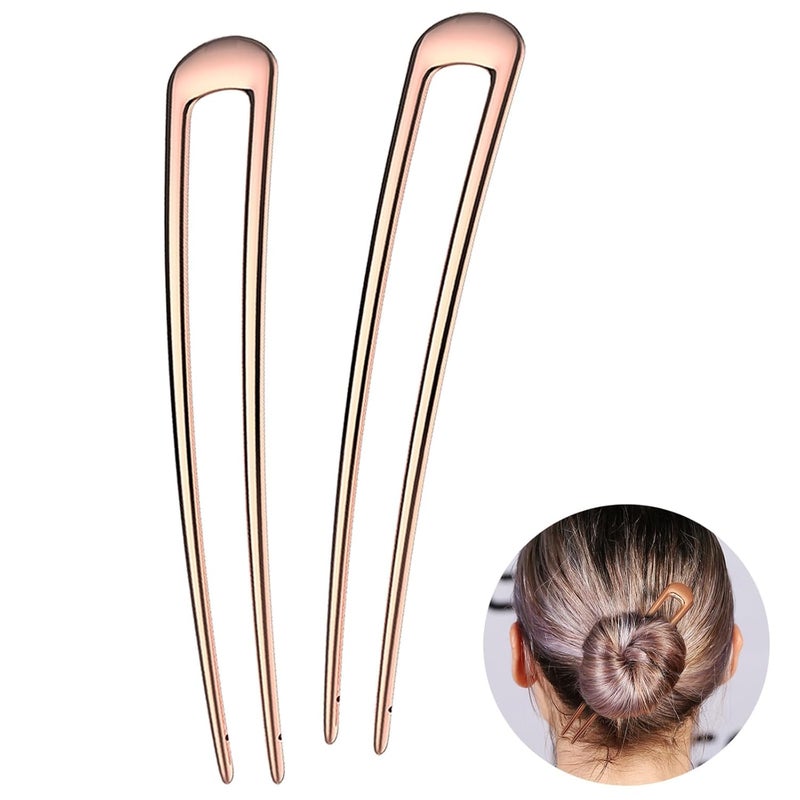 French Hair Pins  Metal Hair Fork Extra Long U Shaped Chignon 2Prong Sticks for Women Bun Hair Accessories Rose Gold  2 Pcs