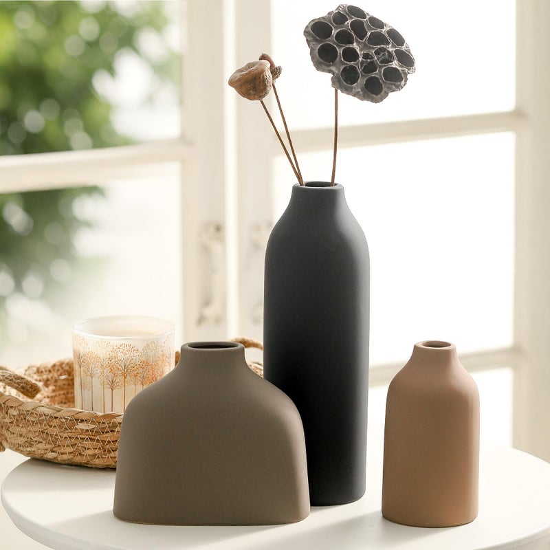 Enra Ceramic Vase Set of 3,Flower Vase Home Decor,Modern Farmhouse Decor, Pampas Grass Dried Fresh Flowers,Bedroom,Living Room,Bookshelf Decoration, Centerpiece Table Decor,Boho Decor. - Image 3