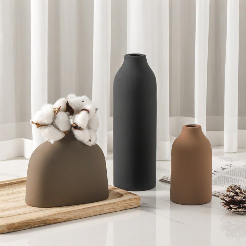 Enra Ceramic Vase Set of 3,Flower Vase Home Decor,Modern Farmhouse Decor, Pampas Grass Dried Fresh Flowers,Bedroom,Living Room,Bookshelf Decoration, Centerpiece Table Decor,Boho Decor. - Image 2