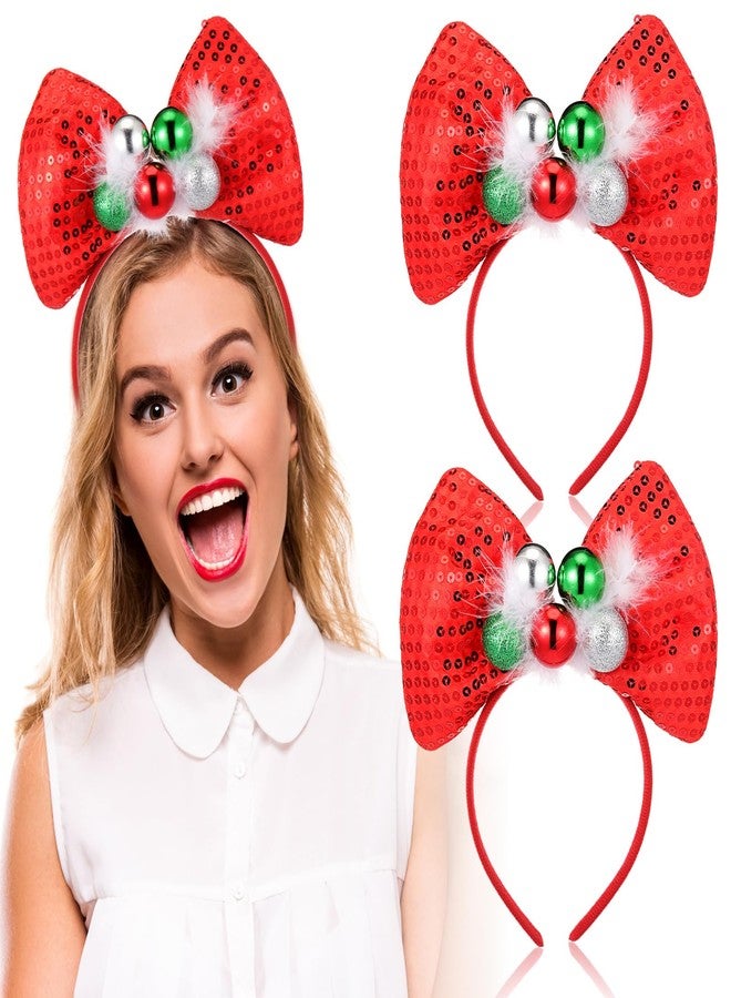 Yilloog 2 Pack Christmas Headbands for Women Girl Adult Red Bow Snowflake Headband Sequin Headband with Disco Balls Christmas Gifts Party Accessories - Image 1