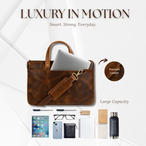 MaheTri Unisex Harbor Laptop Leather Briefcase Bag (up to 15.6") | Padded Compartment with Strap, Pen Holder & 2 Outer Zipper Pockets | Genuine Leather for Men & Women (Tan) - Image 3
