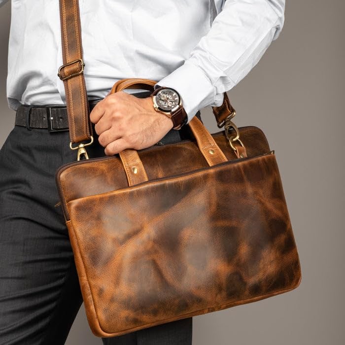 MaheTri Unisex Harbor Laptop Leather Briefcase Bag (up to 15.6") | Padded Compartment with Strap, Pen Holder & 2 Outer Zipper Pockets | Genuine Leather for Men & Women (Tan) - Image 4