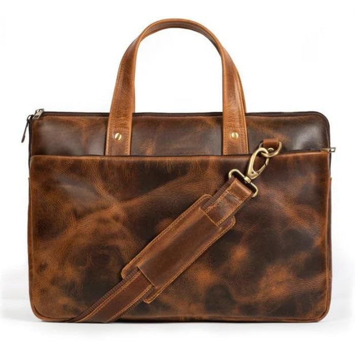 MaheTri Unisex Harbor Laptop Leather Briefcase Bag (up to 15.6") | Padded Compartment with Strap, Pen Holder & 2 Outer Zipper Pockets | Genuine Leather for Men & Women (Tan) - Image 1