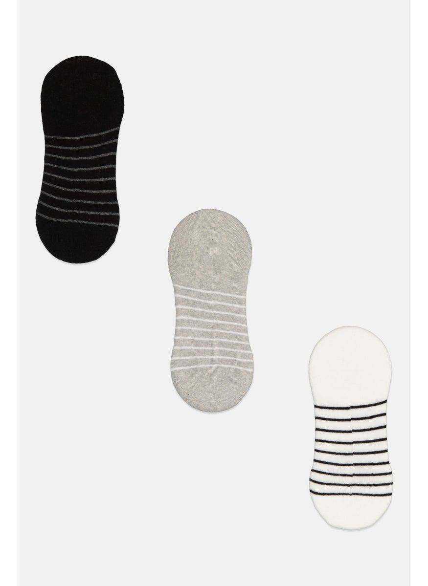 Algspar - Men 3 Pairs Stripe Print Round Invisible Socks, White - Image 1
