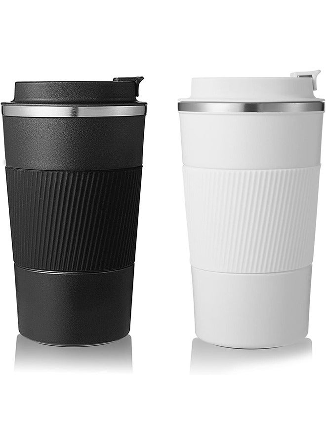Arabest Insulated Coffee Travel Mug 510ml Reusable Coffee Cup 2 Pack Stainless Steel Vacuum Insulation Tumbler for Home Office Heat Cold Drinks (Black+White) - Image 1