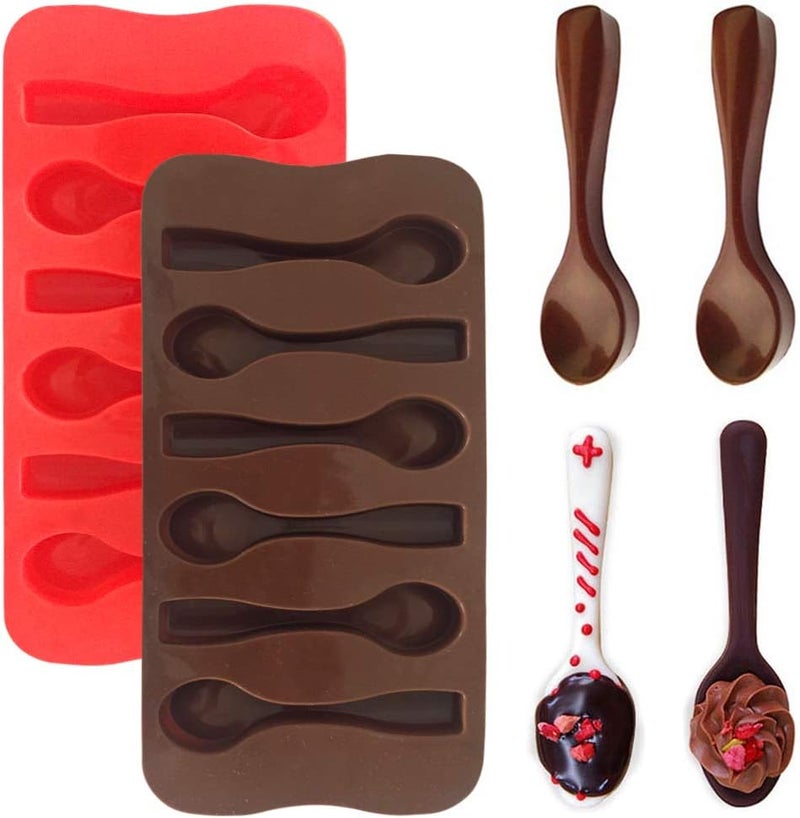 YuCool 4 Pack Spoon Molds Silicone for Chocolate Candy, Spoon Shape Chocolate Molds for DIY/Party/Holiday Decor-Red and Brown - Image 1