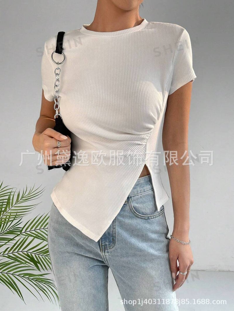 2024 New Solid Color Pleated Asymmetric Hem T-Shirt - Image 1