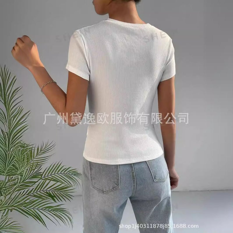 2024 New Solid Color Pleated Asymmetric Hem T-Shirt - Image 4