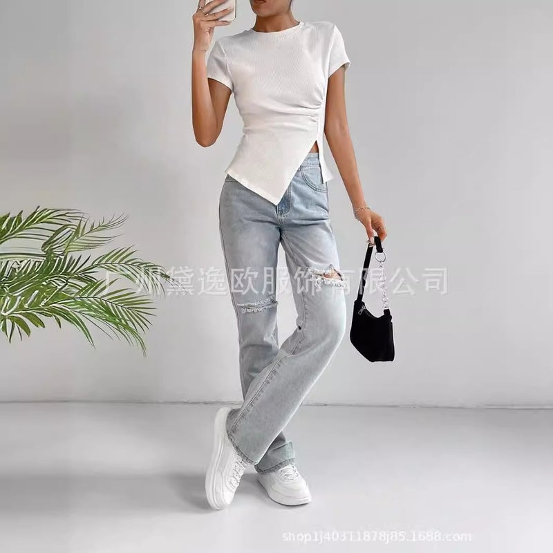 2024 New Solid Color Pleated Asymmetric Hem T-Shirt - Image 2