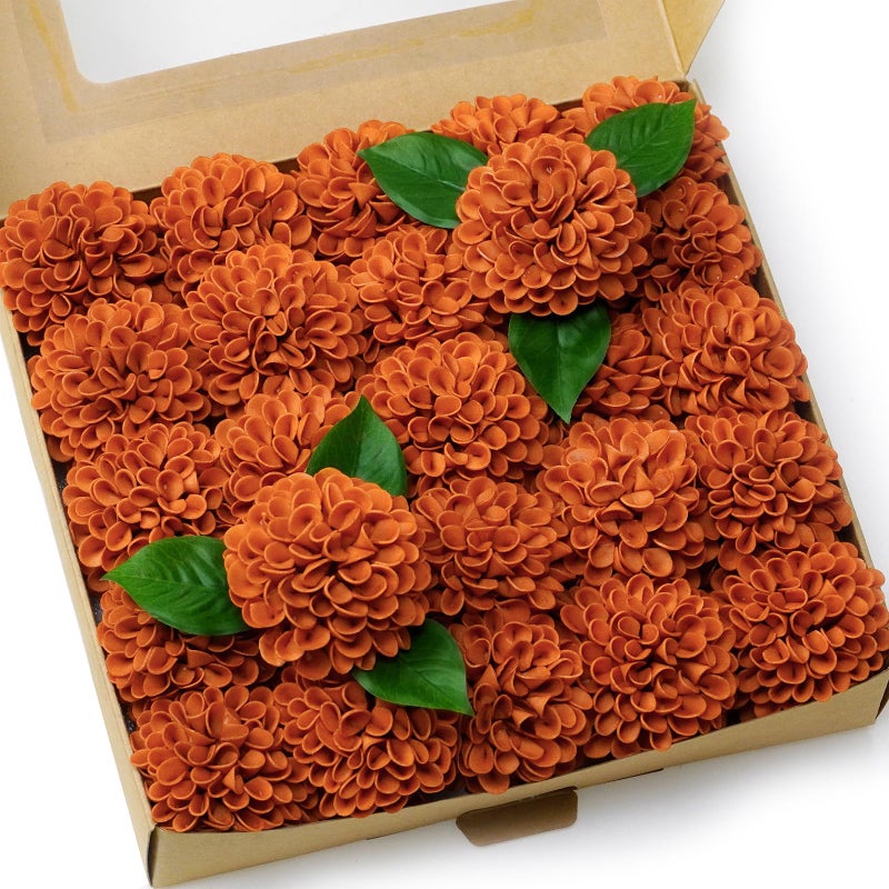Piklado Artificial Wedding Cake Flowers Dahlia Flowers 25 pcs with Stem for DIY Wedding Decor Centerpieces Arrangements Bouquets Orange