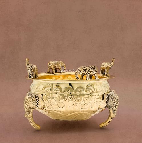Bhimonee Decor Elephant Carving Urali Bowl 6" | 570 gm Decorative Brass Bowl & Platter | Home Decor, Pooja & Gifting | Brass | Gold - Image 5