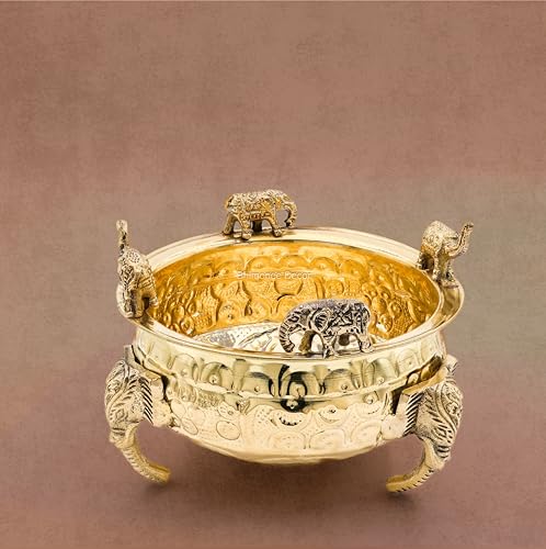 Bhimonee Decor Elephant Carving Urali Bowl 6" | 570 gm Decorative Brass Bowl & Platter | Home Decor, Pooja & Gifting | Brass | Gold - Image 4