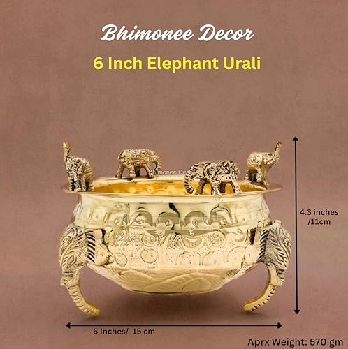 Bhimonee Decor Elephant Carving Urali Bowl 6" | 570 gm Decorative Brass Bowl & Platter | Home Decor, Pooja & Gifting | Brass | Gold - Image 2