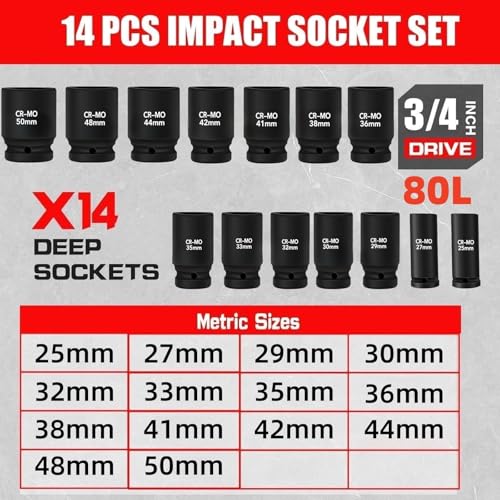 TONYNOL 3/4 Inch Drive Deep Impact Socket Set,6-Point, Metric Sizes(25-50mm),14 PCS,Cr-Mo Steel,Heavy Duty Impact Sockets for Automotive & Industrial Machinery,With a Storage Case - Image 2