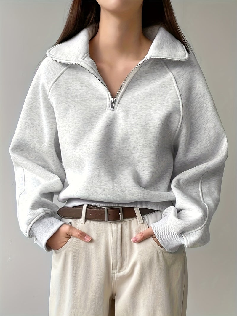 Amazon Cross-border 2024 Autumn and Winter New Fashion Half-zip Raglan Sleeve Lapel Loose Casual Gray Sweatshirt Light gray