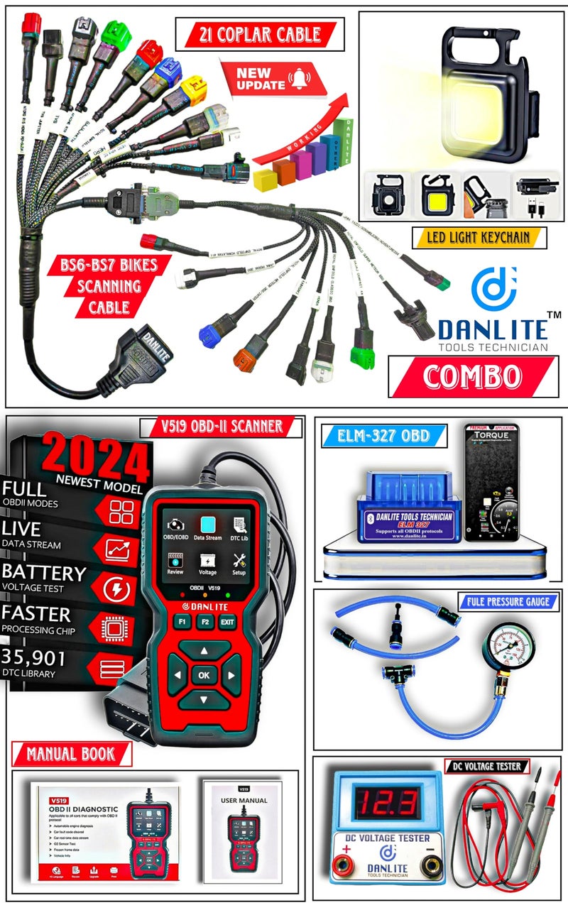 DANLITE TOOLS TECHNICIAN BS6-BS7 Scanning Cable [21 • Coplar] V519 OBD-II Scanner,ELM 327 OBD-II Scanner, ★DC Voltage Tester,★Fule Pressure Gauge,★LED Keychain Light, [★Scanning KIT★] - Image 2